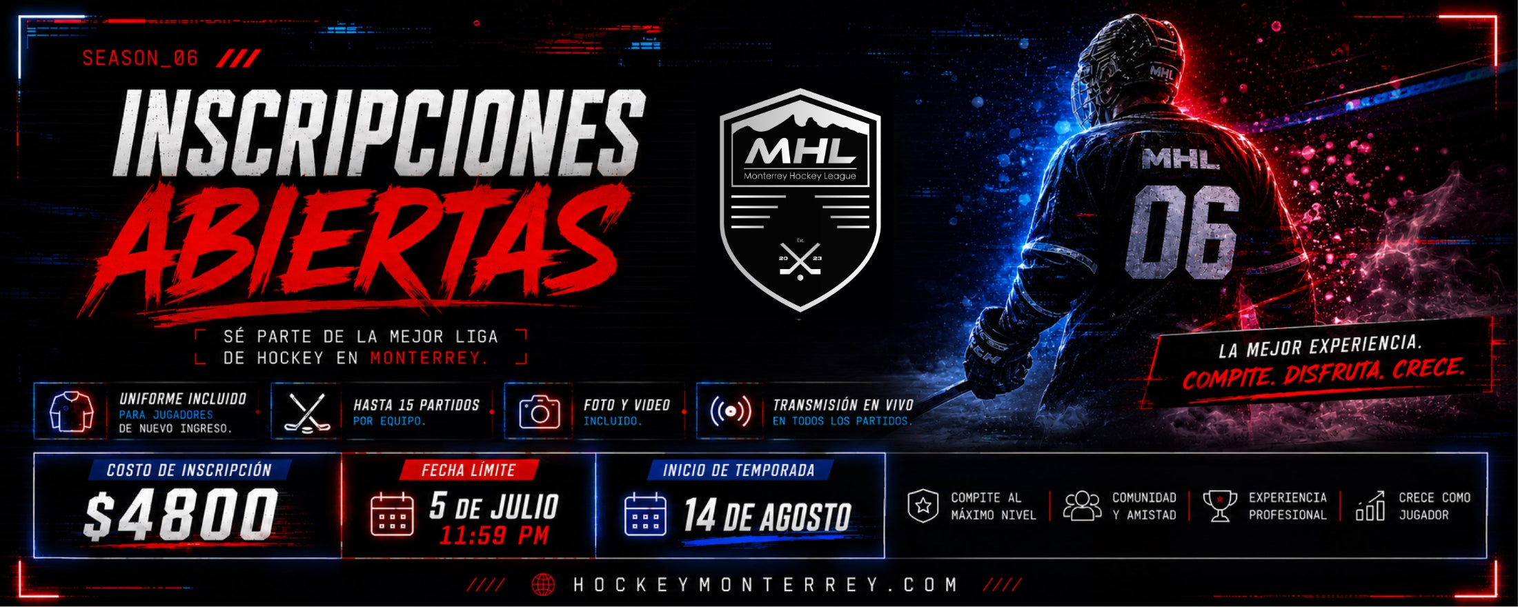 Promotional banner for a hockey league event with text and logo on a dark background